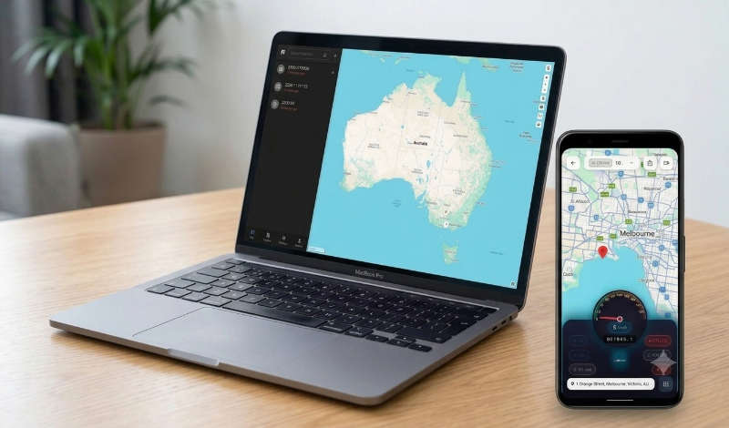 A silver laptop and a black smartphone sit on a light wood table, both displaying the Sitecomm GPS Tracking map application.